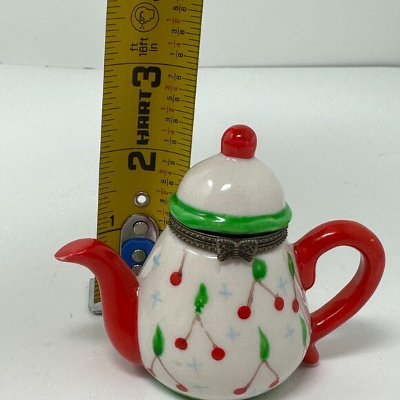Vintage Mini Teapot Trinket Box Red Green Ceramic Hinged Cherry Holiday Decor - Picture 7 of 16